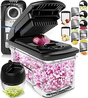 All-in-1 Vegetable Chopper and Mandoline Slicer for Kitchen - Cheese Grater, French Fry Cutter, Cheese Slicer - Bonus Handheld Spiralizer Included (6 in 1, Stainless Steel)