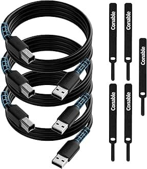 Printer Cable 4FT (3-Pack), USB 2.0 USB-A to USB-B Cord, Compatible with HP, Canon, Epson, DAC, Dell, Brother, Brother, Lexmark, Xerox, Samsung, Piano, MIDI, External Hard Drive, Camera, with 5 Ties
