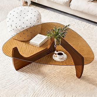 Small Coffee Table, Modern Glass Coffee Tables for Living Room, Mid Century Coffee Table, Funky Minimalist Center Tables for Bedroom Reception Office (Walnut Brown, 31.5in)