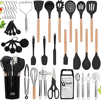 Home Hero Silicone Kitchen Utensils Set, Non-Stick Silicone Cooking Utensils Set with Spatula, Wooden Handle Spatula, Silicone Kitchen Gadgets Utensil Set (44 Pcs - Black)