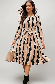 Women’s A-Line Midi Dress | Long Sleeve Belted Fit and Flare Gown | Elegant Printed Casual Outfit