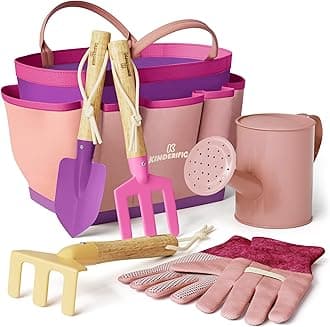 Gardening Set, Tool Kit, for Kids, STEM, Includes Tote Bag, Spade, Watering Can, Rake, Fork, Trowel and Gloves (Princess Pink)