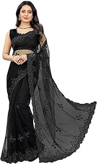 BARKIYA CREATIONWomen's Fashion Net Fabric Saree With Unstitch Blouse Piece