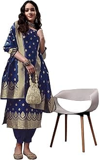 EthnicJunction Women's Embellished Woven Zari Work Banarasi Silk Straight Sleeveless Kurta Pant with Dupatta Set