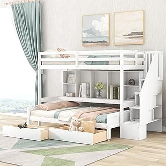 Separable Design Solid Wood Bunk Bed with Storage Staircase for Kids Teens Adults, Twin XL Size Loft Bed with Built-in Book Shelves and Desk, Full Size Platform Bed with Wheel and 2 Drawers (White-1)