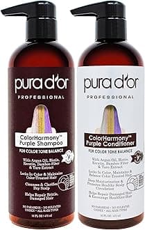 PURA D'OR Purple Shampoo & Conditioner (16oz x 2) ColorHarmony Biotin Set For Bleached, Blonde, Silver & Color Treated Hair - Keratin, Bamboo Fiber, No Sulfates - Men & Women