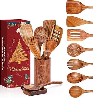 9 PCS Wooden Spoons for Cooking, Natural Teak Wooden Kitchen Utensil Set with Spoon Rest - Cooking Spoons and Utensils Holder Comfort Grip Christmas Gift