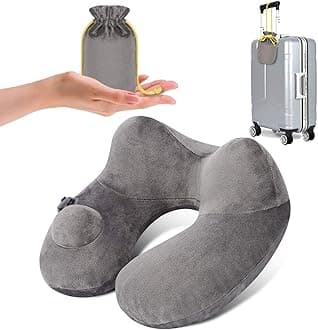 Inflatable Neck Travel Pillow for Airplane Long Flight Hault Trip Support Soft Velvet Hypoallergenic Washable Coverâ€¦ (Grey)