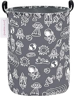 QUEENLALA Large Storage Basket,Laundry Hamper/Bathroom/Home Decor/Collapsible Round Storage Bin,Boys and Girls Hamper/Boxes/Clothing(Round-Grey space exploration)