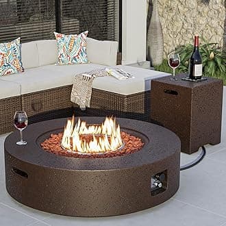 42 inch Outdoor Propane Fire Pit Coffee Table w Concrete Round Base Patio Heater, Certified, 50,000 BTU Stainless Steel Burner, Free Lava Rocks, Rain Cover, Tank Cover