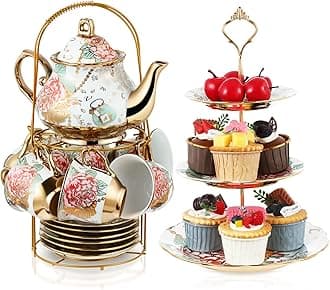 Maxcheck 21 Pcs Porcelain Tea Set for Women Tea Party with Metal Holder and 3 Tier Cake Stand Ceramic European Floral Teapot Set for Adults Mother's Day Christmas Thoughtful Gift(Elegant Style)