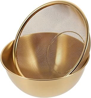 Yardwe 1 Set Stainless Steel Drain Basket Metal Colander Metal Colander Stainless Steel Stainless Steel Colander Strainer Kitchen Strainer Rice Washer Strainer Bowl Leaky Basin Golden, 20X20X9CM