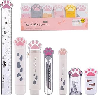 8 Pcs Cute Cat Paw Stationery Set Kawaii School Supplies Including Pencil Sharpener Retractable Eraser Correction Tape Sticky Notes Ruler Mini Scissors Utility Knife for Cat Lovers Students (White)