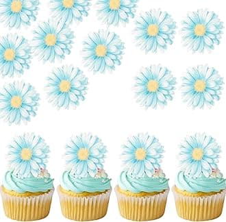 60 PCS Edible Daisy Cupcake Toppers Wafer Paper Daisy Cupcake Picks Edible Daisies Wildflower Birthday Party Decorations for Baby Shower Wedding Birthday Party Cake Food Decorations Supplies Blue
