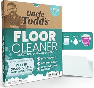 Uncle Todd's Ultra Concentrated Floor Cleaner For Mopping: 30 Natural, 100% Dissolvable Sheets for Mopping – Hardwood & Wood Floor Cleaner with Filth-Fighting Enzymes, Plastic-Free Packaging