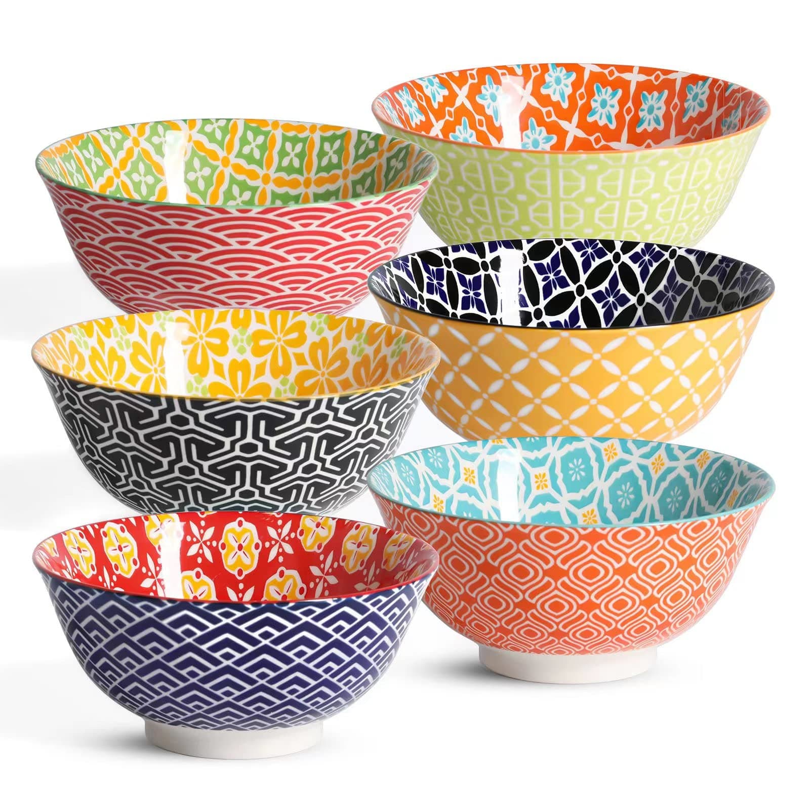 Ceramic Cereal Bowls, 23 Oz Colorful Soup Bowls, Deep Porcelain Bowl Set for Salad, Dessert, Pasta, Ice Cream,Set of 6