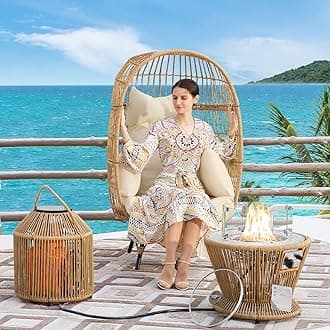 BULEXYARD 3 Piece Outdoor Egg Chair with Propane Fire Pit Table, Large Wicker Patio Basket Egg Chair Set w/Gas Firepit for Backyard, Porch, Deck (Natural Color)
