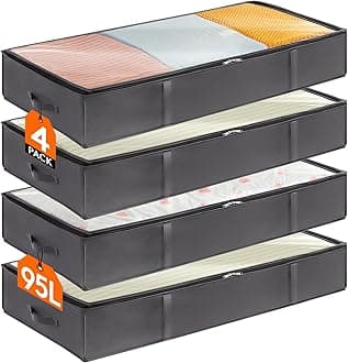 Lifewit 4 Pack 95L Under Bed Storage, Underbed Storage Boxes with lid Clothes Storage Bag Wardrobe Storage Organiser with Reinforced Handle, PVC Window for Duvet, Blanket, Clothing, Shoes, Grey
