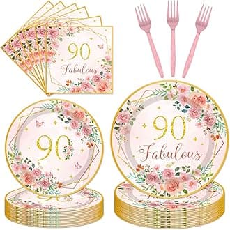 96 Pcs Floral Fabulous Party Supplies, 90th Birthday Decorations for Women, Rose Gold Pink Paper Plates and Napkins Tableware for Girls Women 90th Birthday Party Serve 24 Guests