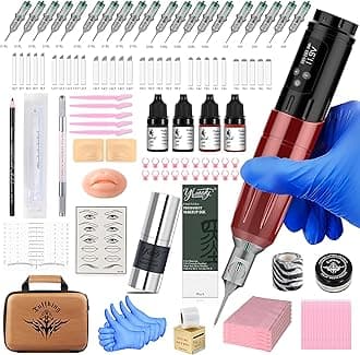 Semi-Permanent Makeup Microblading Machine Kit, Professional Wireless Tattoo Gun Kit with 1800mAh Capacity Power, 50Pcs Cartridge Needles, 5Pcs Eyebrow Tatoo Inks for Artists Beginners (Red, P3)