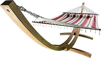 14 Ft. Wooden Arc Hammock Stand + Deluxe Quilted Double Padded Hammock Bed w/Pillow. 2 Person Bed. 450 LB Capacity(Natural Stain/Elegant Red Stripe)