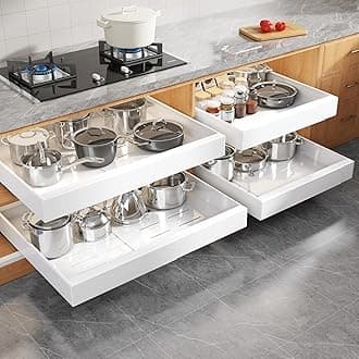 4 Pack Expandable Pull Out Cabinet Organizer 21"Deep With Raising Pad for Framed Cabinets,Upgrade 3 Slide Rails Slide Out Drawers,Roll Out Shelves Adhesive,Adjustable Width 15.15"-26.3" White