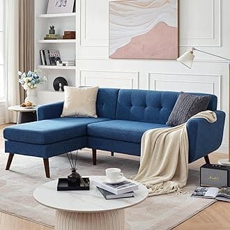 Tbfit L Shaped Couch Sofa, 80" W Mid-Century Modern Sectional Couches, 3 Seater Sofas with Wide Chaise Lounge, Button Tufted Upholstered Sectional Sofa for Living Room, Bedroom, Blue | linen fabric, button tufted, solid wood foot, pocket spring, wood slats frame