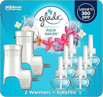 PlugIns Refills Air Freshener Starter Kit, Scented and Essential Oils for Home and Bathroom, Aqua Waves, 4.02 Fl Oz, 2 Warmers + 6 Refills