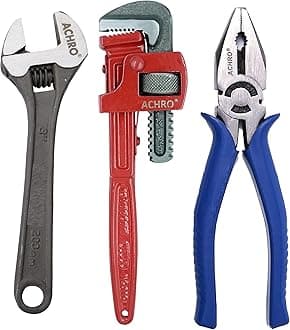 ACHRO Combo Pack of 3 Tool Kits Set for Home (Contains 8 Inch Adjustable Spanner, 8 Inch Combination Plier, 10 Inch Pipe Wrench)