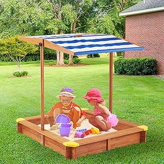 Outdoor Sandbox with Cover for Kids Ages 3 to 8, Wooden Sand Box with Adjustable Canopy, Protective Liner, Firm Suqare Border, Kids Outdoor Play Equipment, Outdoor Playset for Beach, Backyard