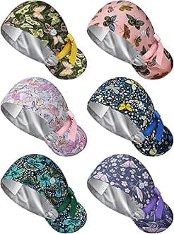 6 Pcs Satin Lined Scrub Caps Women Nurse Surgical Hat with Buttons Ponytail Working Adjustable Shower Caps Tie Back