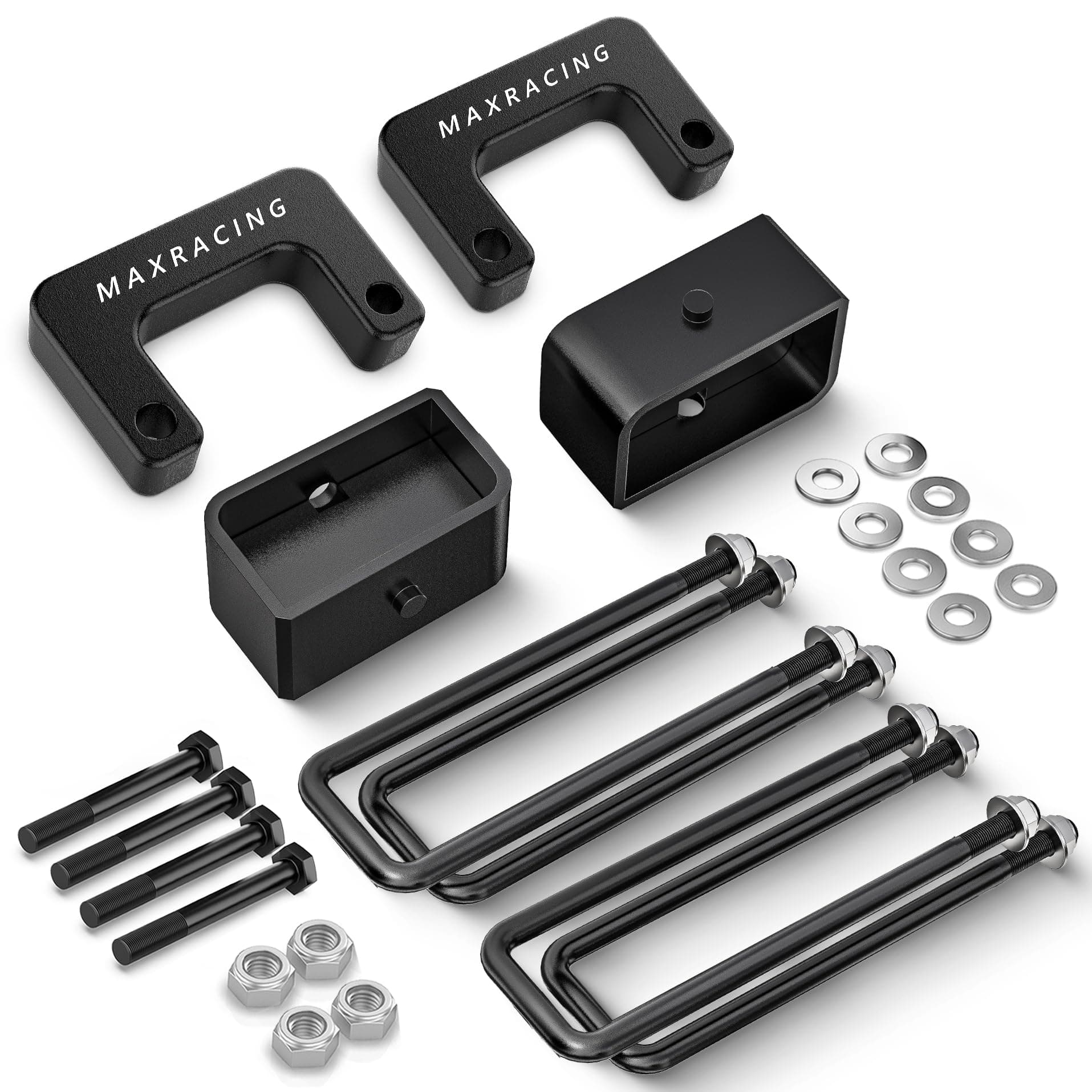 MAXRACING 2" Front + 2" Rear Leveling Kit Compatible with 2007-2025 Chevy Silverado 1500/GMC Sierra 1500, 2" Front Strut Spacer and 2" Rear Lift Block with Extended U Bolts