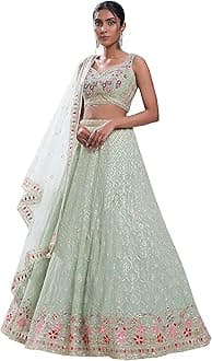 Trendmalls Women's Gold Yelllow Net Embroidery Sequence Work Lehenga Choli Set with Dupatta For Women (L144)