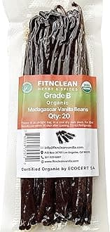 20 Organic Madagascar Vanilla Beans Grade B. Certified USDA Organic. 5"-7"by FITNCLEAN VANILLA for Extract, Paste, Cooking, Baking. Whole Bourbon NON-GMO Pods