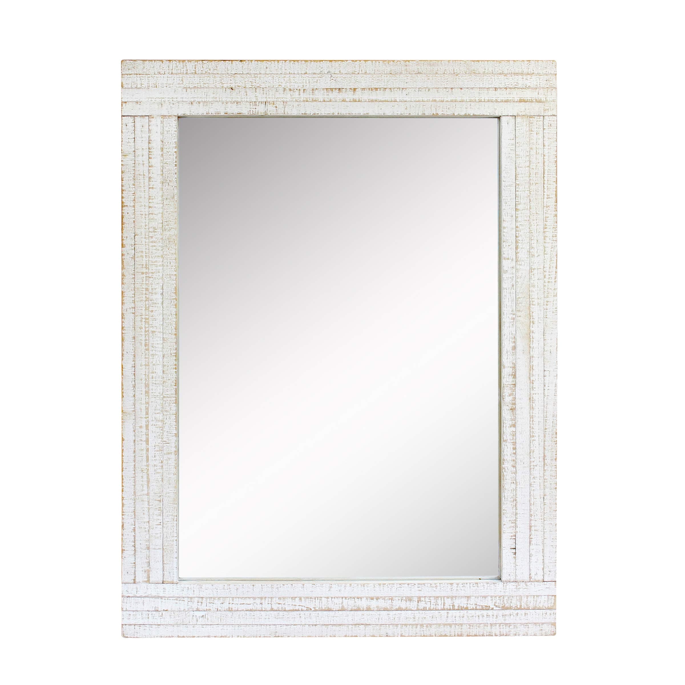 Rustic Rectangular Worn White Wood Frame Hanging Wall Mirror for Vertical or Horizontal Display