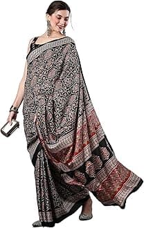 Women's Ajrak Block Print Dola Silk Saree With Unstitched Blouse Piece