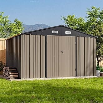 Patiowell 10 x 8 FT Outdoor Storage Shed, Large Garden Tool Metal Shed with Sloping Roof and Double Lockable Door, Outdoor Shed for Backyard Garden Patio Lawn, Brown