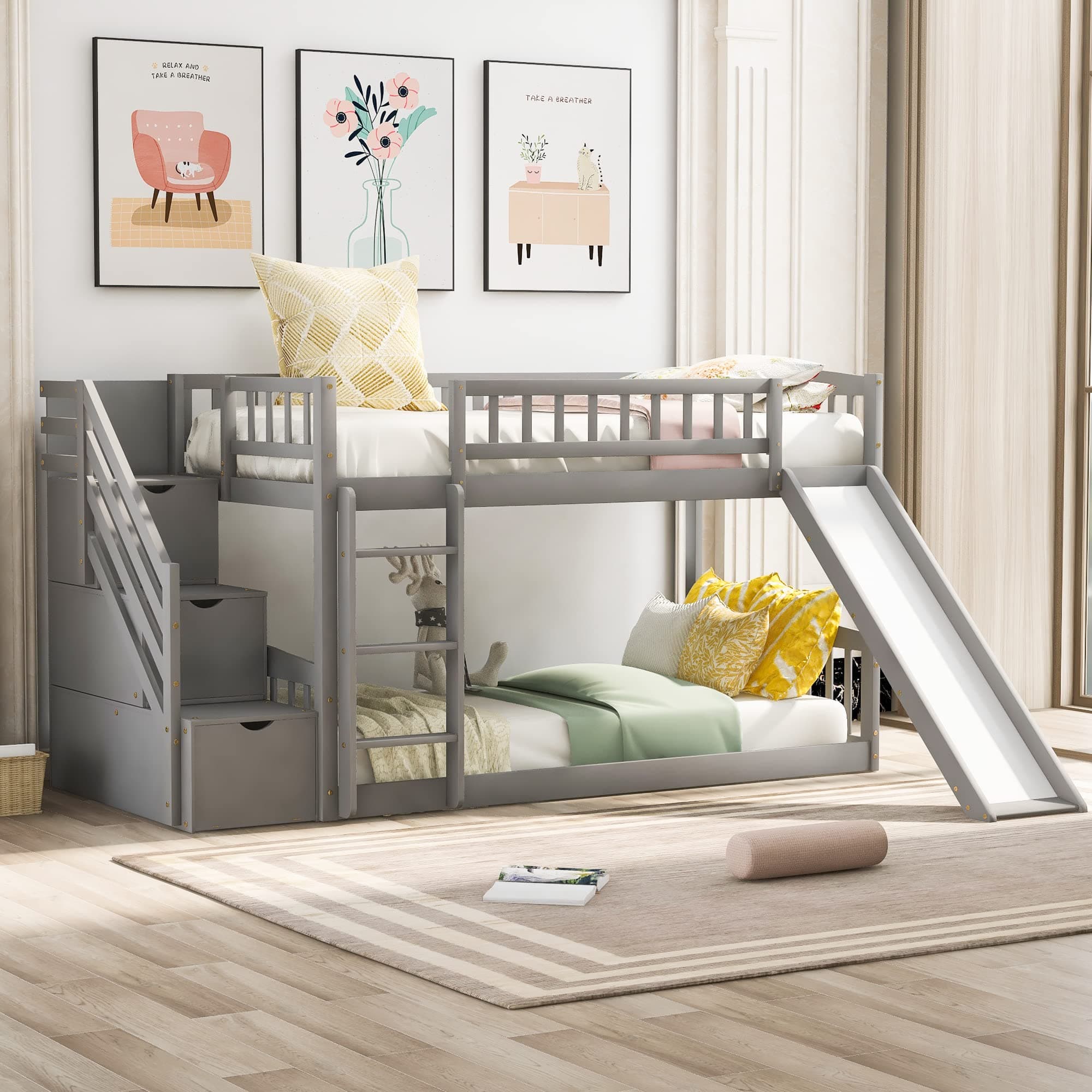 Floor Bunk Bed with Slide & Stairs