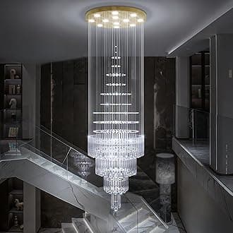 D32''X H100'' Large Crystal Chandelier Lighting, Modern LED Round Raindrop Flush Mount Ceiling Light Fixture for Hotel Staircase Hallway Modern Crystal Chandelier Suitable for Sloping Ceiling