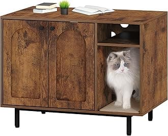 Hzuaneri Cat Litter Box Enclosure Enclosed, Hidden Litter Box Cabinet Furniture with Storage, Wooden Indoor Cat House Large, Modern End Table for Living Room Entryway, Rustic Brown and Black CB01501B