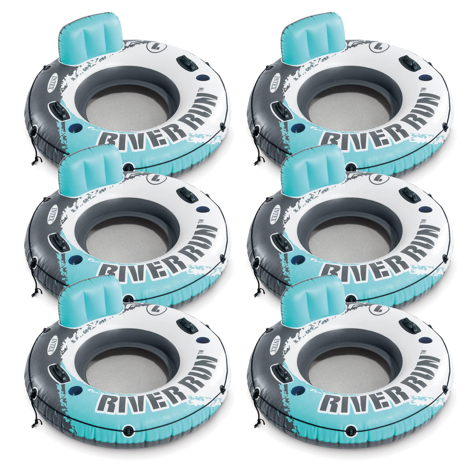 Intex River Run 1 Inflatable Floating Lounge w/Backrest, Built-in Cup Holders, Grab Handles, & Grab Rope –220lb Weight Capacity, Color Varies (6 Pack)