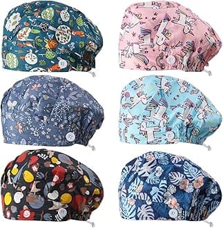 6 Pieces Button Bouffant Surgical Caps Nursing Hats Adjustable Printed Sweatband Working Caps for Women Men Nursing Surgical Hats with Button Multicolored