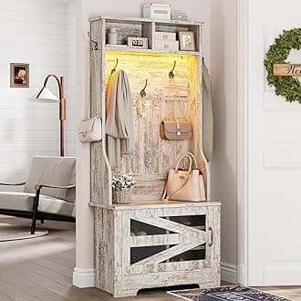Itaar Hall Tree with Bench and Shoe Storage, 5-in-1 Entryway Bench with Coat Rack, 5 Shoe Cubbies & 5 Coat Hooks, Barn Door & Adjustable Shelf (Vintage White)