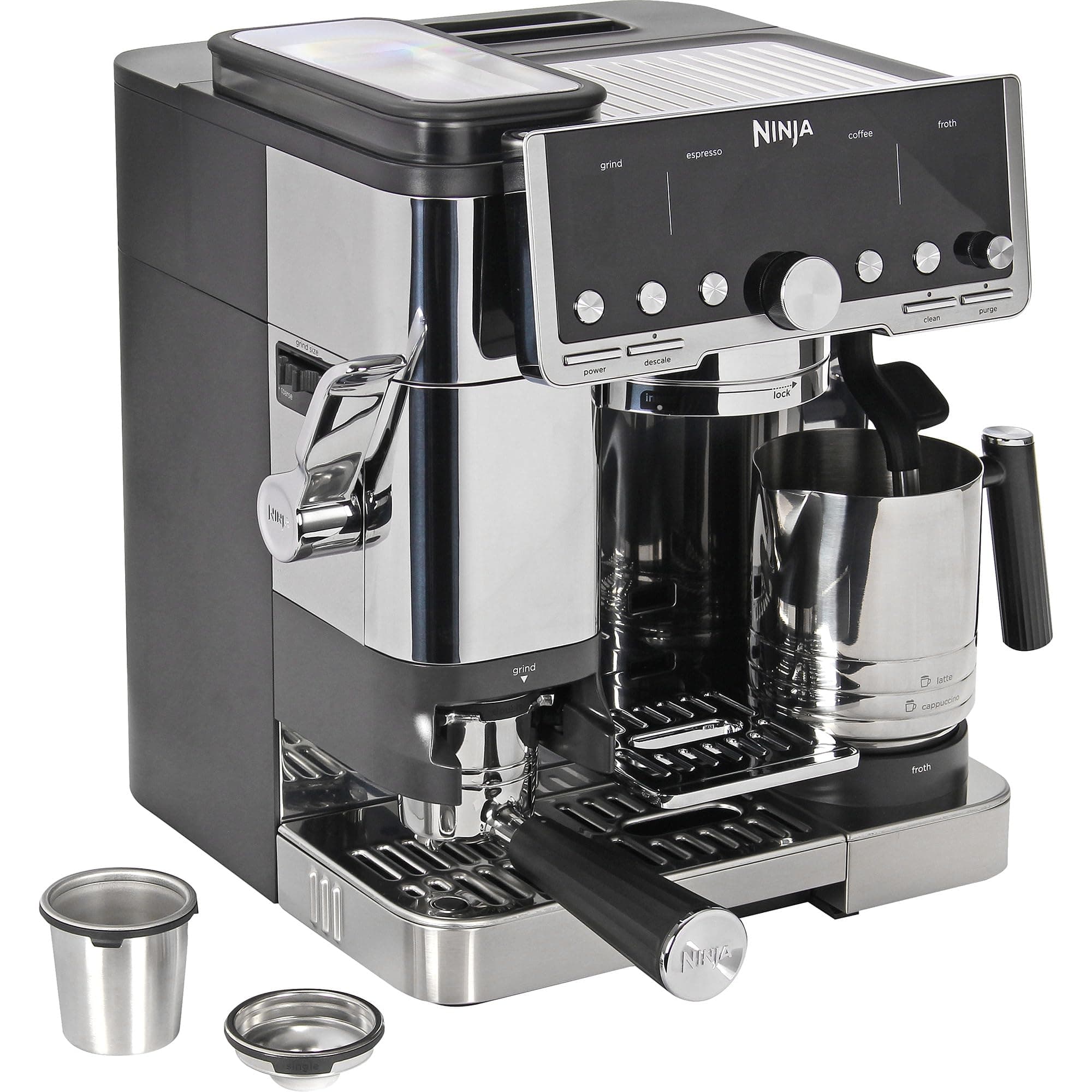 Ninja Luxe Pro ES701EU 3-in-1 Coffee Maker with Grinder and Frother for Latte, Cappuccino, Cold Brew & Espresso, Easy to Use, 5 Presets for Frothing, Silver