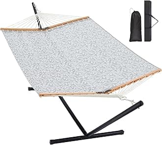 Two Person Hammock with Stand for Outside Heavy Duty, Outdoor Patio Hammock with Portable Steel Stand, Large Double Hammocks with Quick Dry Textilene Fabric,480lbs Capacity.(Grey White)