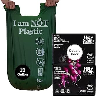 Large Compostable Trash Bags - 10-13 Gallon, 100 Pack, 100% Plastic-Free Decomposing Easy-Tie Trash Can Bags & Liners, Thick Kitchen, Bathroom & Backyard Bin Bags for Food & Green Waste