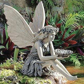 MINGZE Fairy Garden Statue, Outdoor Sitting Magic Elf Bird House Ornaments Wi...