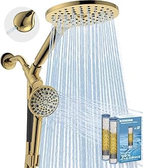 MakeFit Dual Filtered Rain Shower Head Combo, High Pressure Handheld Shower Head with Adjustable Bar - Rainfall Shower Head And Showerhead with Filter for Hard Water - Removes Chlorine(Gold)