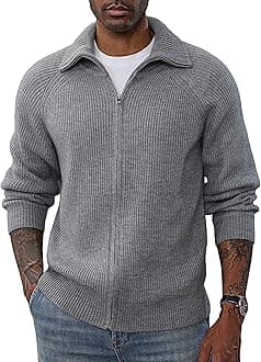 PJ PAUL JONESMen's Full Zip Cardigan Sweaters Unisex Relax Fit Lapel Collar Raglan Sleeve Casual Ribbed Sweater