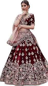 TRENDMALLS Velvet Embroidery Work Bridal Lehenga Choli Unstitch Blouse with Dupatta For Women